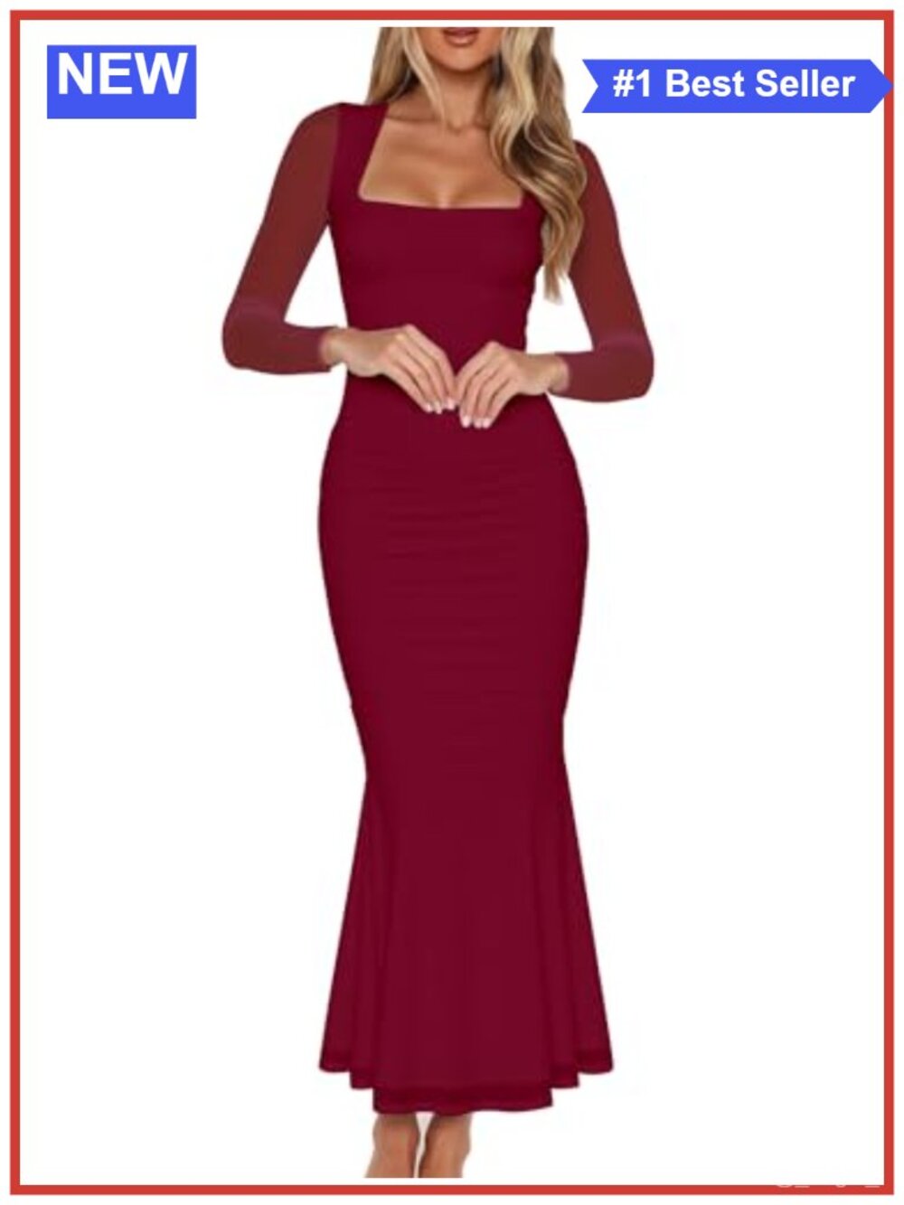 Ruched Bodycon Long Sleeve Square Neck Maxi Dress Cocktail Formal
